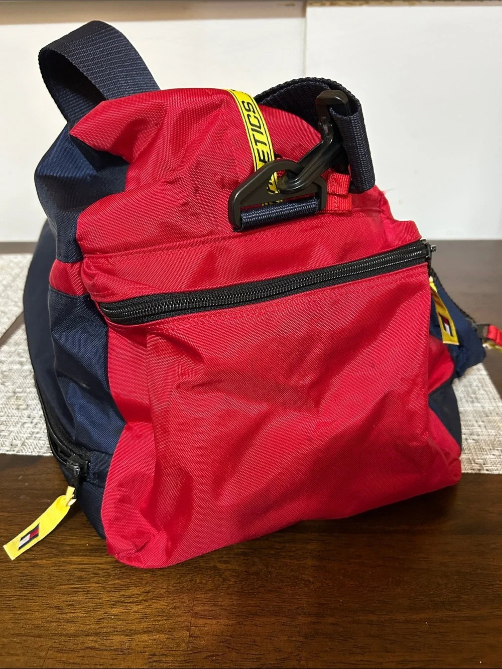 Red Athletic Duffle Bag with Navy and Yellow Accents Tommy Hilfiger